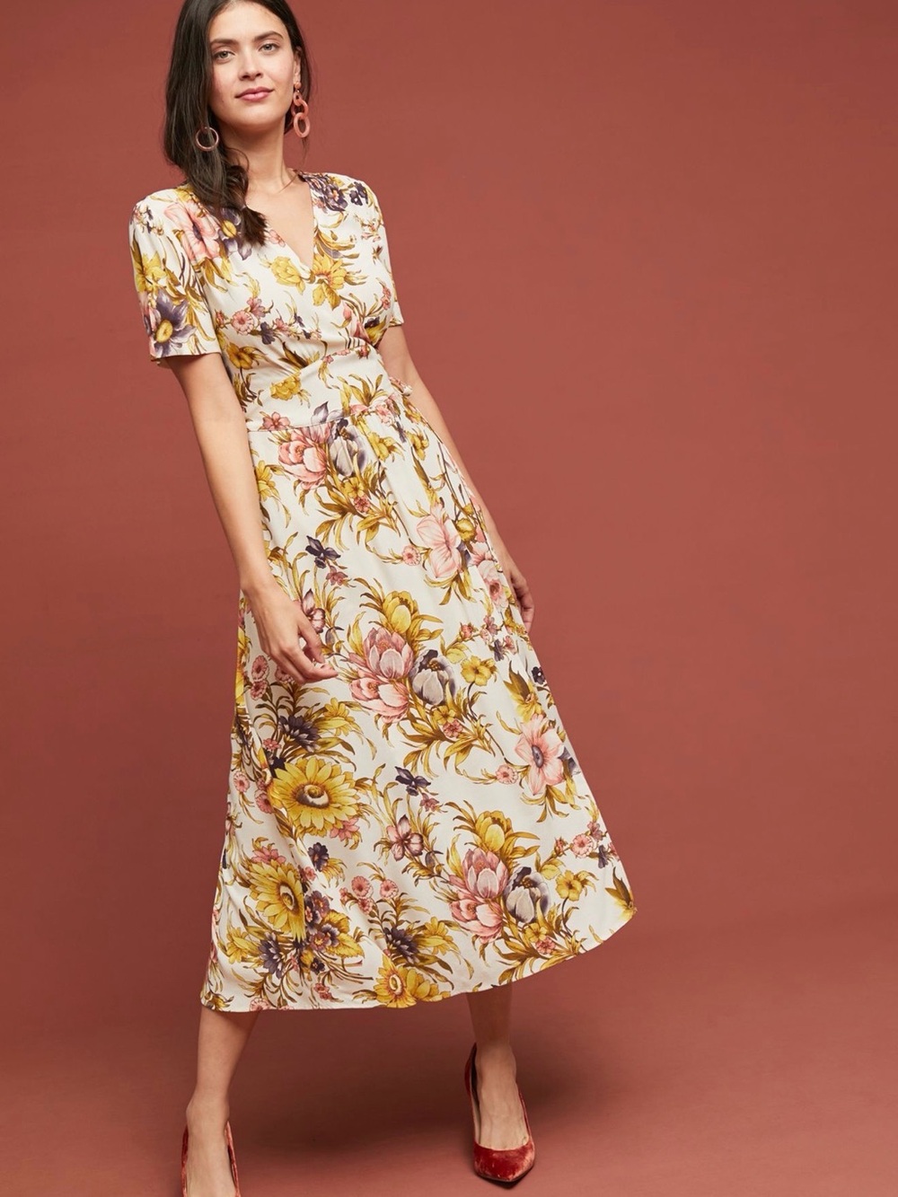 Anthropologie Cream Midi Dress with Mustard and Blush Floral Print